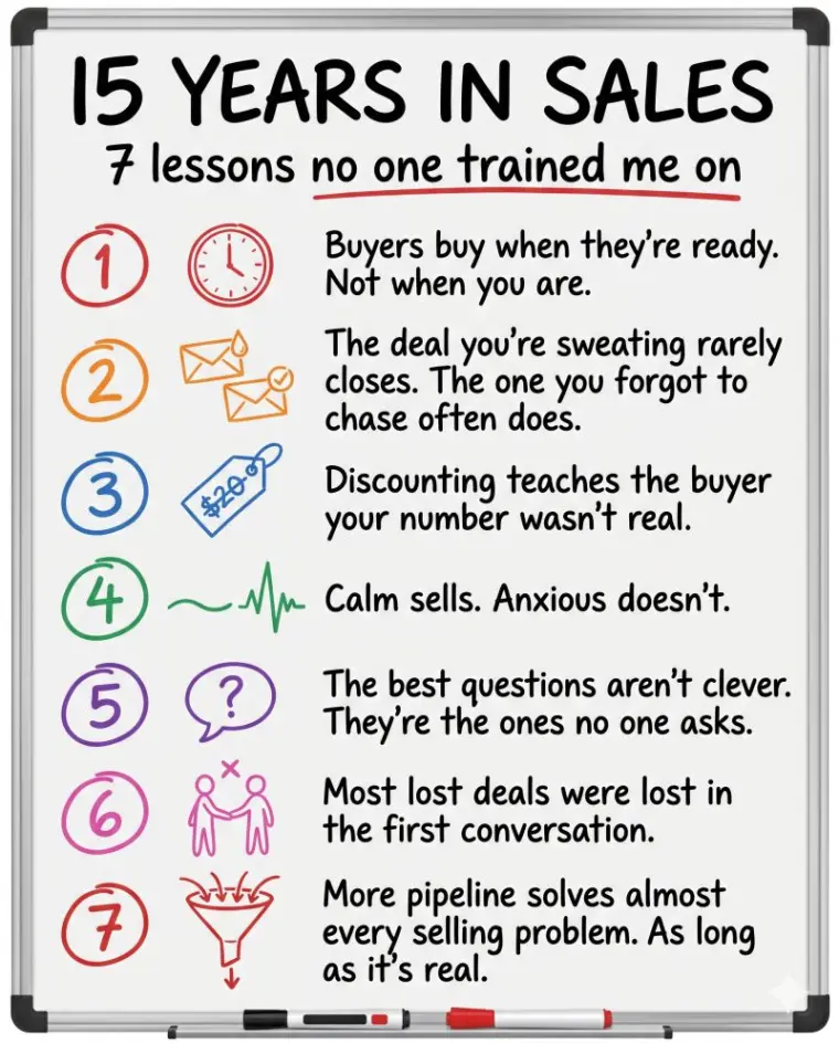 Whiteboard graphic: the sales lessons no one taught me, numbered points in different colours.