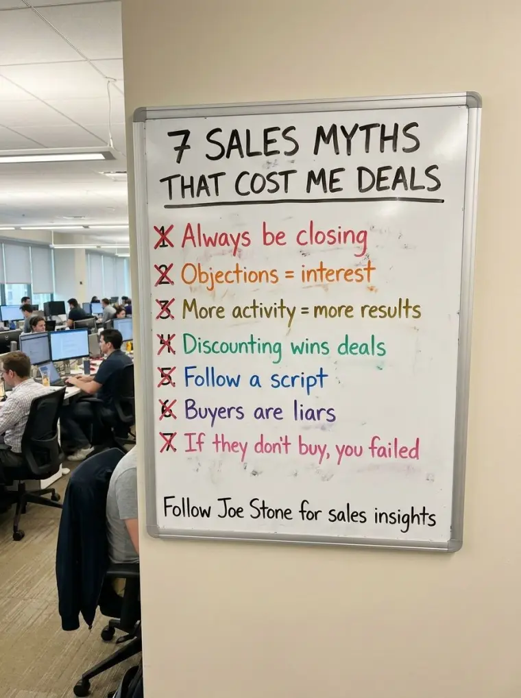 Whiteboard graphic: 7 sales myths, seven numbered points in different colours.