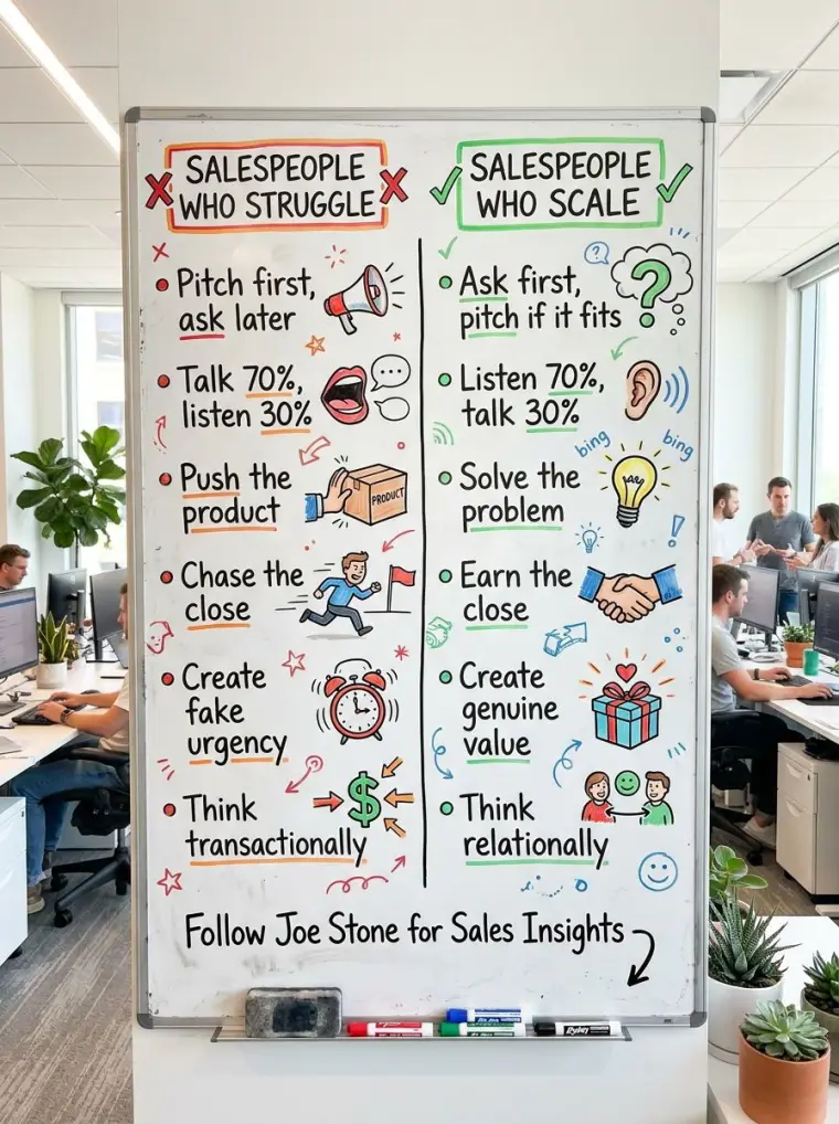 Whiteboard graphic: salespeople who struggle and salespeople who scale, side by side.