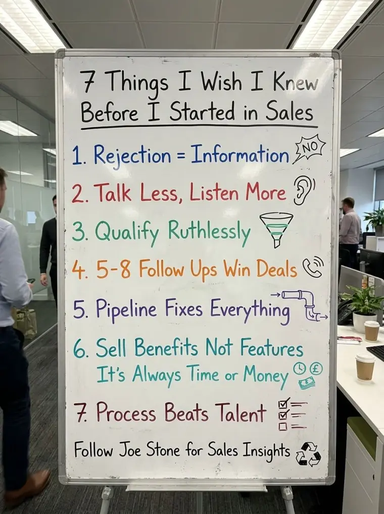 Whiteboard graphic: 7 things I wish I knew before I started in sales, seven numbered points.