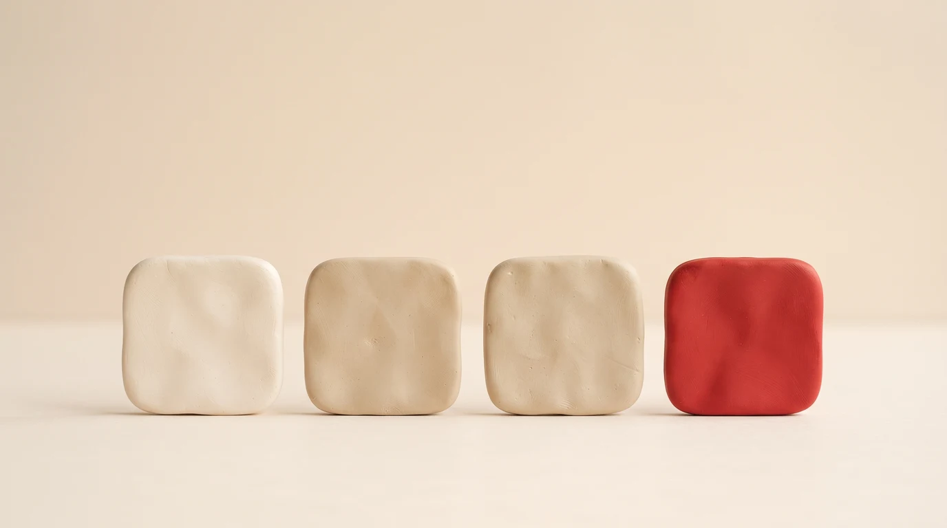 Four hand-made matte clay tiles standing in a row on a cream surface, three in cream and sand tones and one in solid red