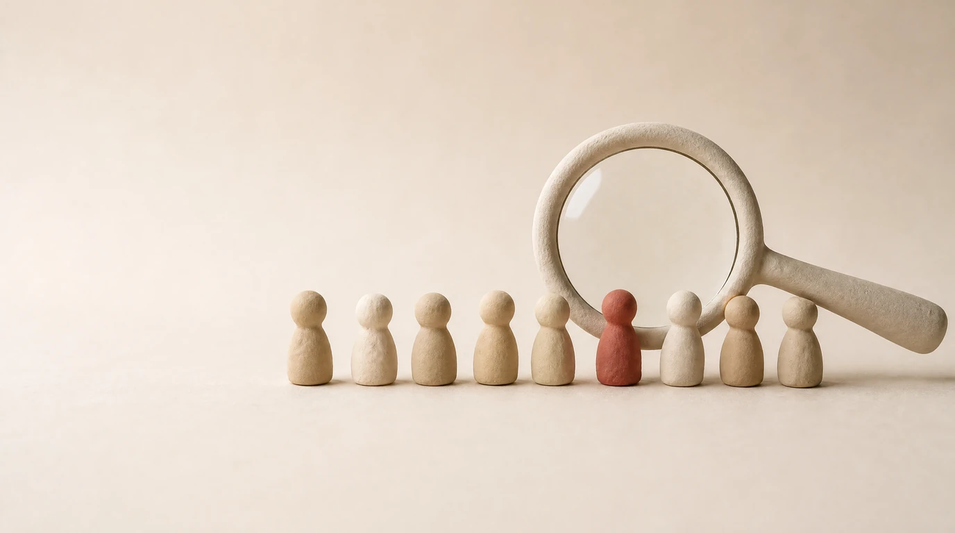 A row of small matte clay figures on a cream surface, all tan and cream except one in red, with a cream clay magnifying glass over the red one